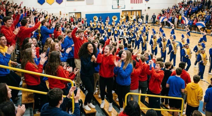 A school pep rally with the marching band and a cheering crowd
