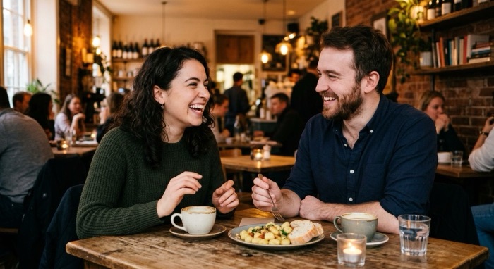 A couple laughing together over lunch at a café