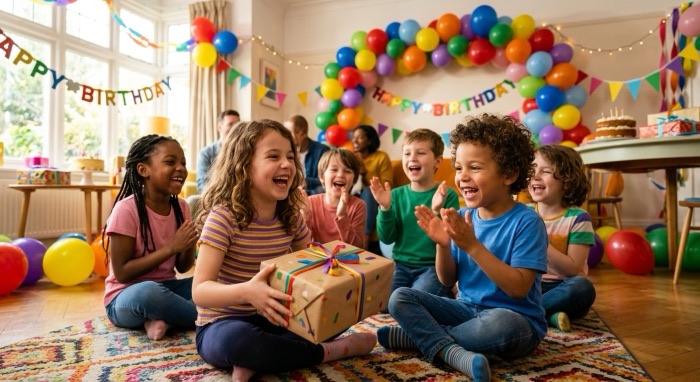 Children clapping as a girl opens a present at a birthday party
