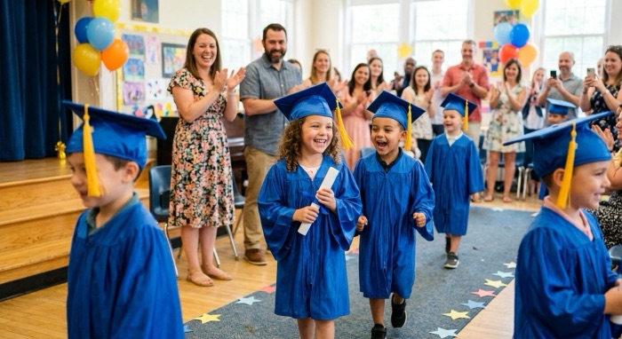 Kindergarten children in caps and gowns at their graduation ceremony