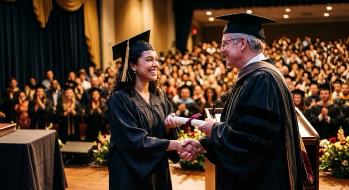 A university graduate shaking hands as she receives her diploma on stage