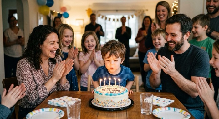 A young boy blowing out the candles on his birthday cake as friends clap