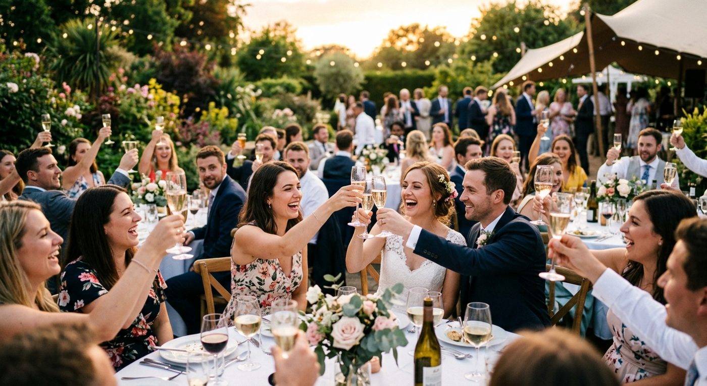 Wedding guests raising glasses for a toast at an outdoor reception at golden hour