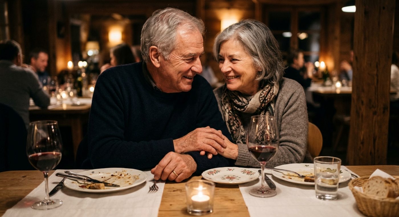 An older couple holding hands across the table at an anniversary dinner