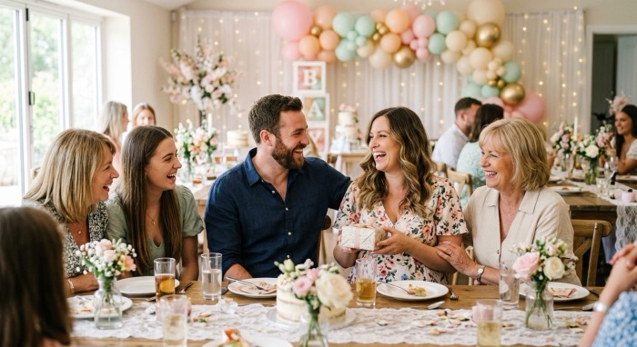 Family and friends laughing together at a baby shower