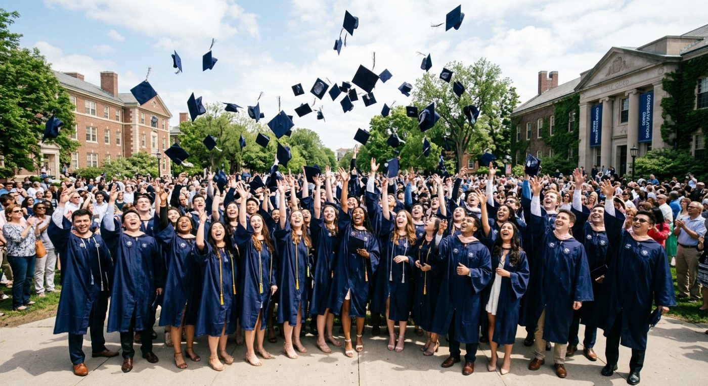 Graduates throwing their caps in the air on a college campus
