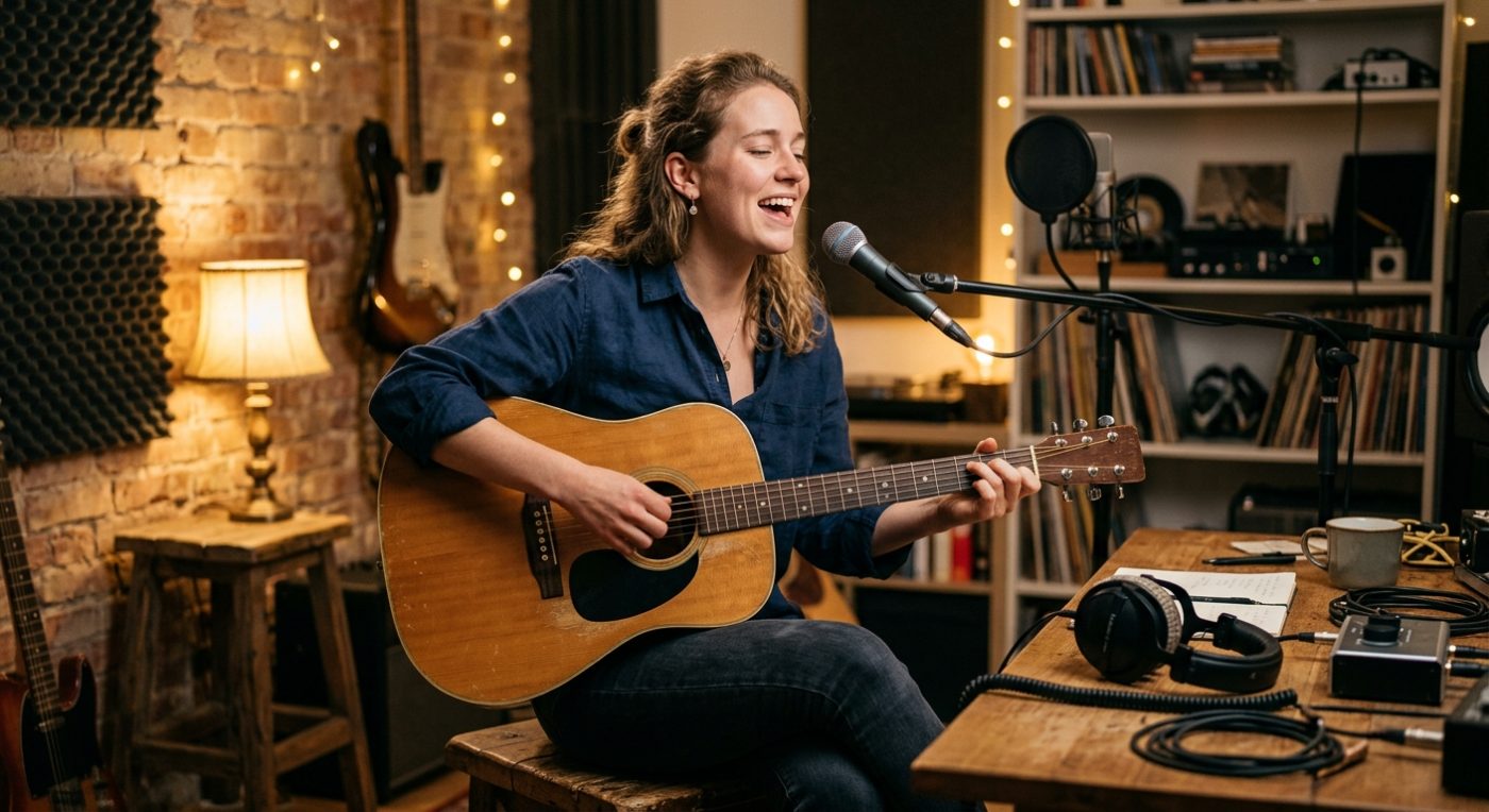 A songwriter singing into a microphone with an acoustic guitar in a home studio